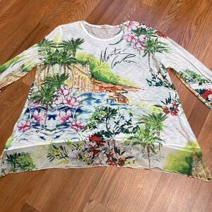 Jess & Jane, long sleeve white multicolor Monte Carlo graphic blouse. Size 1X.